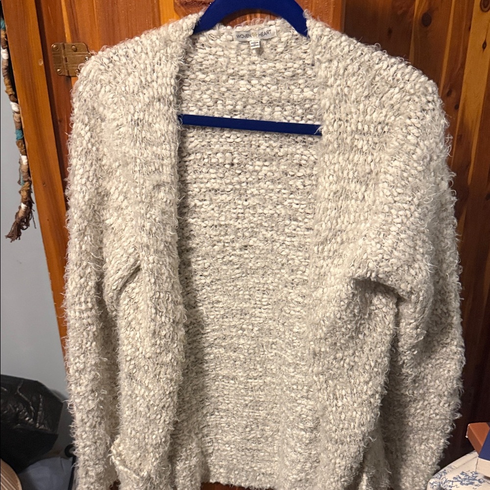 Woven Heart Textured Cream Cardigan